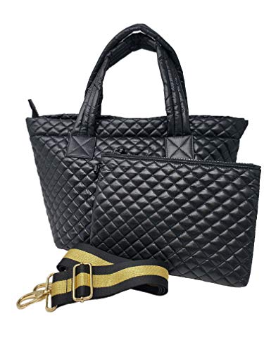 CLARANY Comfortable Light weight Medium size Quilted Tote bag with Pouch and Strap water repellent Black