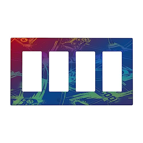 Video Games 4 Gang Light Switch Cover, Gamepad Controller Gaming Gamer Quad Toggle Wall Plate Decorative Electrical Switchplate Cover Faceplate for Kitchen Bathroom Home Wall Panel Decor