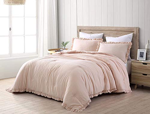 Chezmoi Collection Nora 2-Piece Ruffled Edge Trim Soft Washed Microfiber Comforter Set (Twin, Blush)
