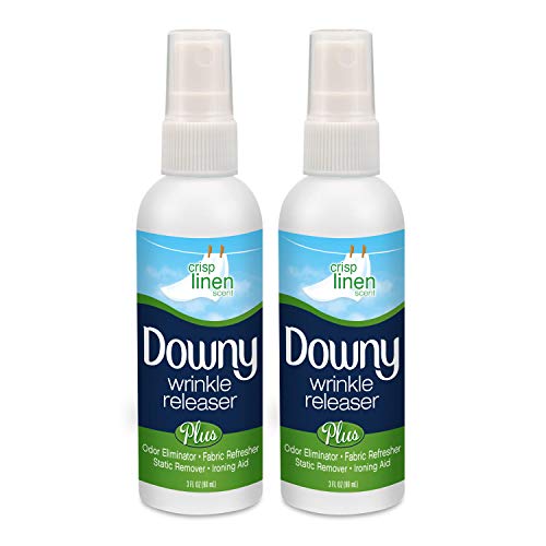 Downy Wrinkle Release Spray, Travel Size Spray, All In One Formula, Removes Wrinkles, Static and Odor Eliminator, Crisp Linen Scent, 3 Fl Oz, Pack of 2