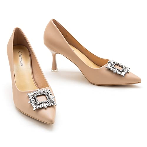 C.Paravano Women's Pumps I Pointed Toe Kitten Heel I Comfortable Leather Pump Shoes I Closed Toe High Heels I Dress Wedding Shoes (Size 9,Beige)