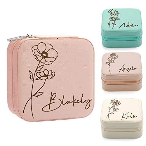 Yofair Personalized Jewelry Box with Birth Flower Bridesmaid Gifts Custom Leather Travel Jewelry Case Ring Box Birthday Christmas Gifts for Women Girls