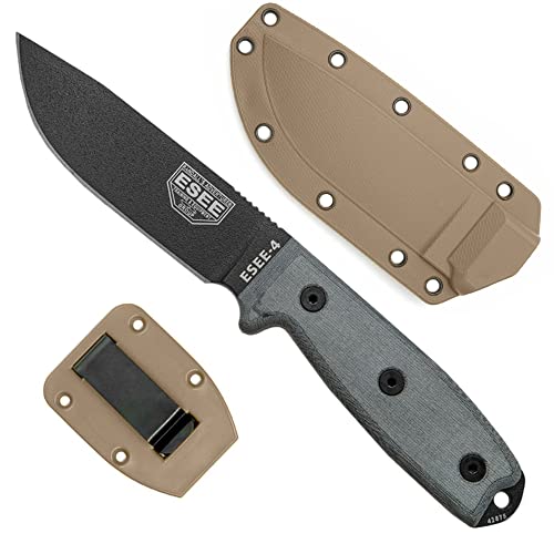 Esee Knives, ESEE-4, Sharpened Clip Point Plain Edge, Coyote Brown Sheath, Clip Plate