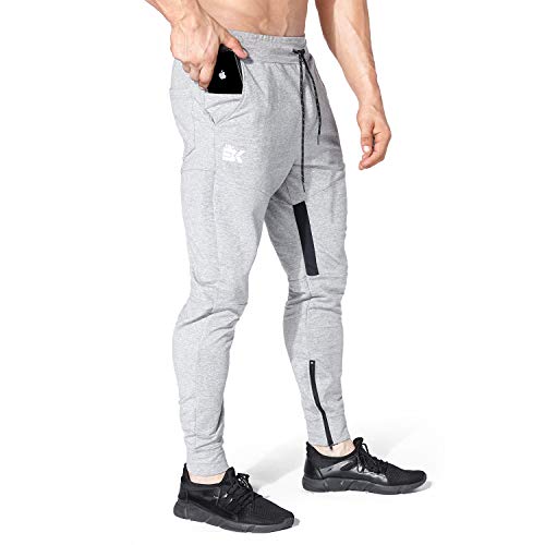 BROKIG Mens Gym Jogger Pants,Casual Slim Workout Sweatpants with Zipper Pockets Bodybuilding Athletic Pants(Gray,M)