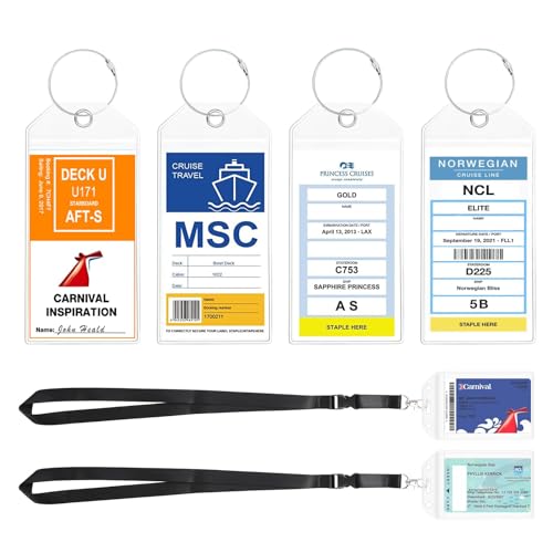 NTONPOWER 6 Pack Cruise Luggage Tags, Cruise Lanyard for Carnival, NCL, Princess, MSC Cruise Ships, Clear Plastic Luggage Tags with Zip Seal and Steel Loops, Cruise Essentials for 2023-2024