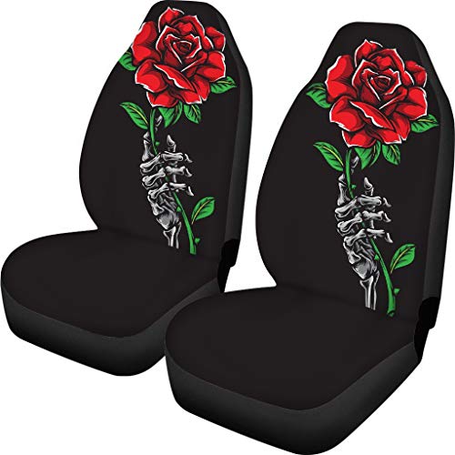 Amzbeauty Skull Rose Printed Front Seat Cover 2 Pcs, Universal Vehicle Seat Protector Mat Covers, Fit Most Cars, Sedan, SUV, Van Truck