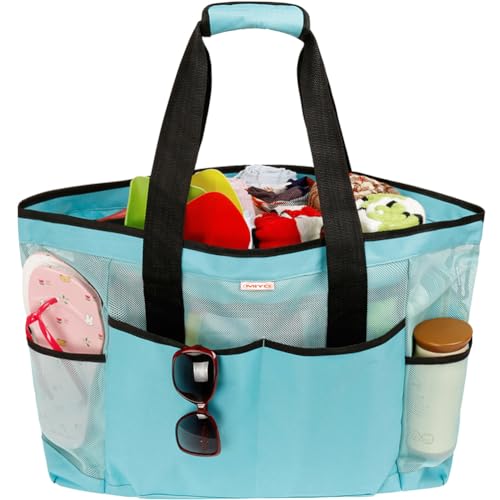 MIYO Beach Bag, Mesh Beach Bag, Women's Tote Bag, Beach Mesh Bag, Large Capacity Beach Organizer with Zipper and 9 Pockets-Blue