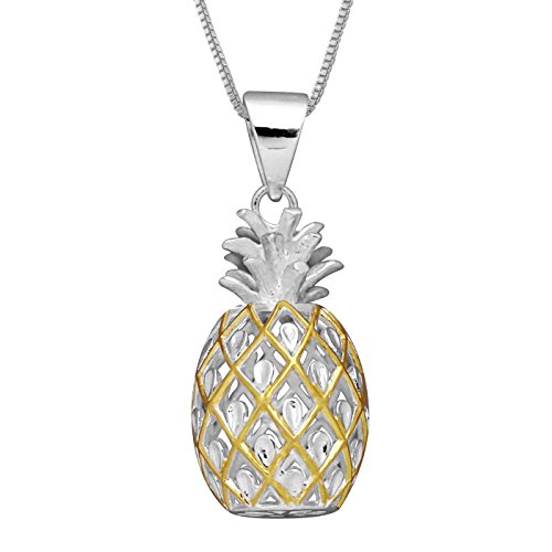 Sterling Silver with Yellow Gold Tone Accents Large Pineapple Pendant Necklace, 16+2' Extender