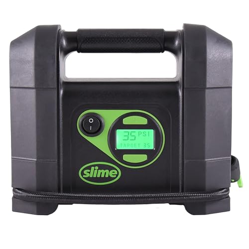 Slime 40047 Tire Inflator, Portable Car Air Compressor, Rugged, Inflate Right automatic shut off, with Digital 99 psi Display, Long Hose and LED Light, 12V, 4 min inflation