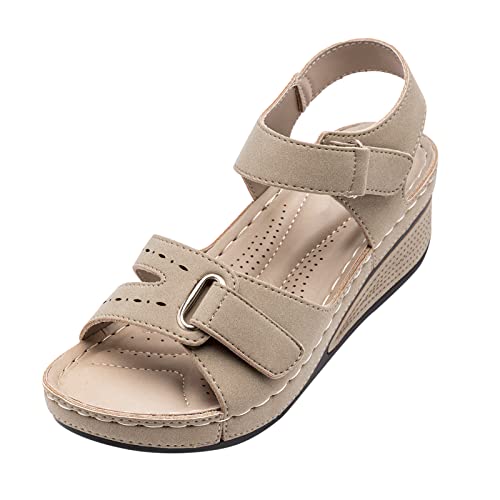 Women's Platform Strappy Heels Open Toe Ankle Strap Wedges Sandals Hook And Loop Fastener Strap Wedge Sandal Comfy Khaki, 9