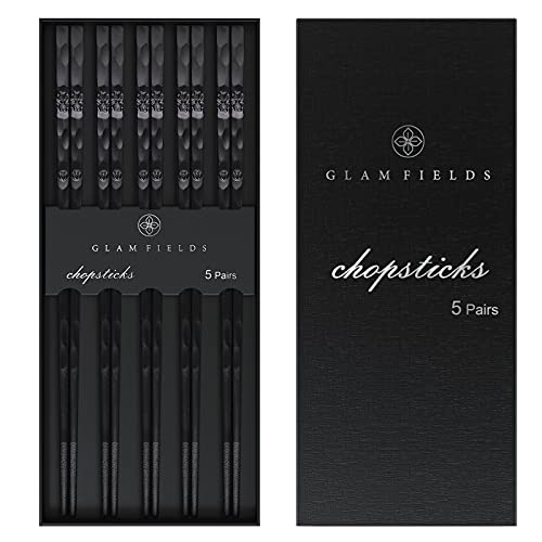 5 Pairs Japanese Fiberglass Chopsticks, GLAMFIELDS Reusable Chop sticks Dishwasher Safe, Non-slip, 9 1/2 inches - Gift Set Black