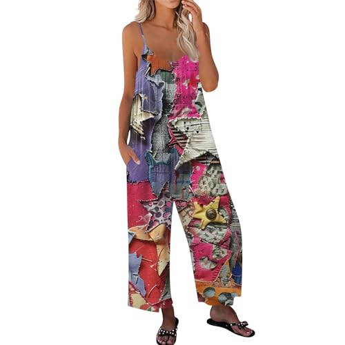 ADHOWBEW My Orders, 4th Of July Outfits for Women 4th Of July Rompers for Women Casual Sleeveless Overall Jumpsuits with Pockets American Flag Rompers Red White and Blue(C-Hot Pink,XX-Large)