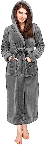NY Threads Womens Fleece Hooded Bath Robe - Plush Long Robe, Steel Grey, Large