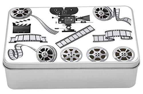 Ambesonne Movie Theater Tin Box, Movie Industry Themed Greyscale Illustration of Projector Film Slate and Reel, Portable Rectangle Metal Organizer Storage Box with Lid, 7.2' X 4.7' X 2.2', Black Grey