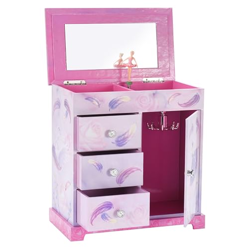 Jewelkeeper Pink and Purple Ballerina 3 Drawers Jewelry Box for Girls - Little Girl's Wooden Jewelry Box with Necklace Carousel - for Kids or Teen Necklaces and Accessories Mothers Day Gifts