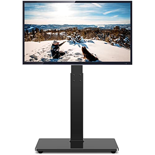 TAVR Universal Floor TV Stand Base for 32-70 Inch TVs up to 110 Lbs with Swivel Height Adjustable Mount, Black Tempered Glass Base for Media Storage and Space Saving