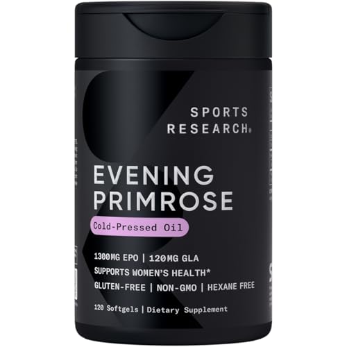 Sports Research Evening Primrose Supplement from Cold Pressed Oil - Softgels for Women’s Health & Skin Health - Gluten Free & Non-GMO GLA - High Potency 1300mg, 120 Count
