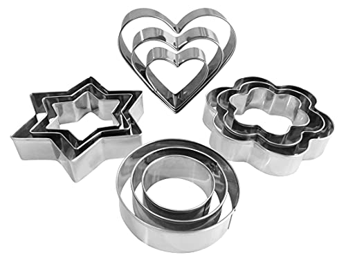 Metal Cookie Cutters Set - Star Cookie Cutter Round Biscuit Cutter Heart Small Star Cookie Cutters Mini Flower Molds Cutter for Baking (12 Round Heart Flower Star Cookie Cutters)