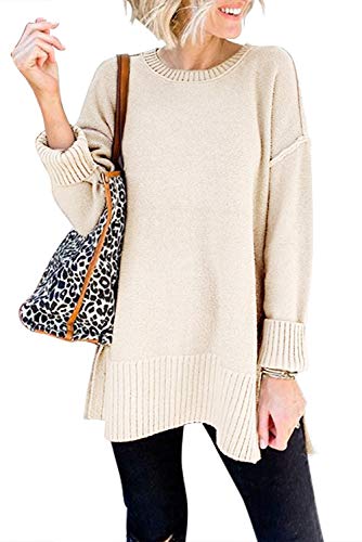 MEROKEETY Women's 2023 Fall Casual Crew Neck Side Split Pullover Sweater Loose Long Sleeve Jumper Top,Beige,M