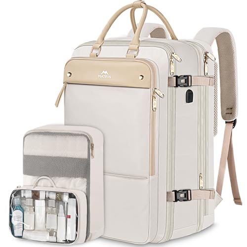 MATEIN Carry on Backpack for Women, 52L TSA Travel Laptop Backpack with USB Charging Port & Shoes Compartment, 17 Inch Extra Large Expandable Flight Approved Computer Bag with 2 Packing Cubes, Beige