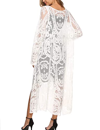 Womens Lace Beach Coverup White Mesh Longline Kimono Swimsuit Cover Up Cardigan