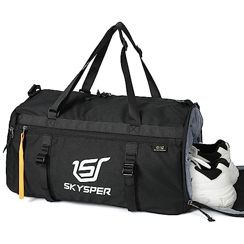 SKYSPER Gym Bag Sports Bag Small Duffel Bag for Men Women with Wet Compartment & Shoe Compartment,Carry on Travel Duffel Bag Overnight for Weekend Swimming Training Yoga Black