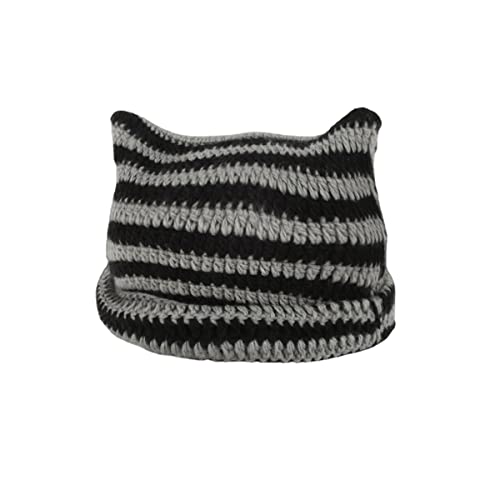 Women Girls Boys Teens Cute CAT Kitty Ears Hats, Winter Warm Knitted Stripe Grunge Accessories Slouchy Headgear (Black Stripe,One Size)