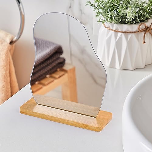 JMH Irregular Aesthetic Vanity Mirror Frameless, Table Frameless Mirror, Decorative Desk Tabletop Acrylic Mirrors with Wooden Stand for Bedroom,Living Room and Minimal Spaces Room Decor