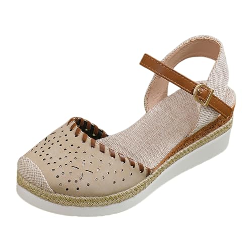 Shengsospp closed toe sandals women Round Toe Buckle Strap Summer Slope Heel Thick Soled Wedges Sandals Weave wedge walking sandal White, 9