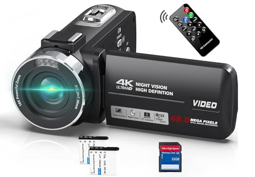 Video Camera Camcorder 4K 48MP 30FPS with IR Night Vision,18X Digital Zoom Camera Recorder 3.0' LCD Touch Screen Vlogging Camera for YouTube with Remote Controller, 2 Batteries, 32GB SD Card