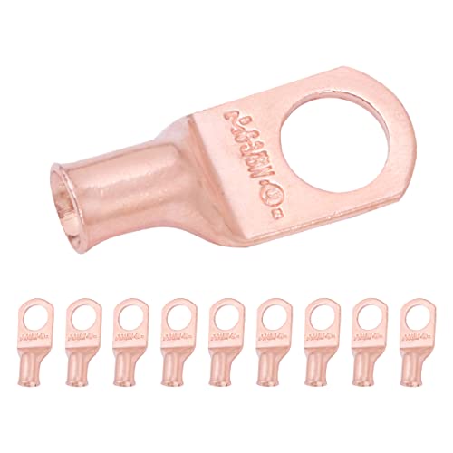 SELTERM 10pcs 6 AWG - 3/8' Stud - Battery Lugs, Heavy Duty Wire Lugs, Ring Terminals, Battery Cable Ends,6 Gauge Terminals, UL Bare Copper Eyelets Electrical Battery Terminal Connectors
