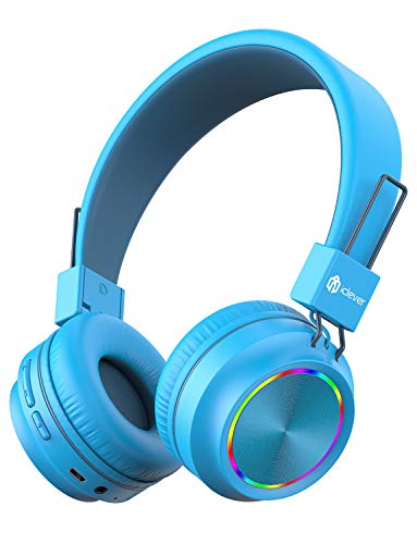 iClever BTH03 Kids Bluetooth Headphones Safe Volume, Colorful LED Lights, 25H Playtime, Stereo Sound Mic, Bluetooth 5.0, Foldable, On Ear Kids Wireless Headphones for Tablet (Light Blue)