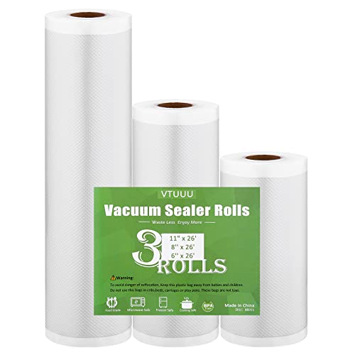 Vacuum Sealer Bags for Food Saver Vacuum Sealer Bags Rolls 3 Pack (6', 8', 11') x 26 ft Each BPA-Free-Puncture-Resistant and Food-Safe Compatible with Most Vacuum Sealers-VTUUU