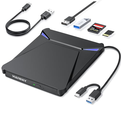 Haiway External DVD Drive, USB 3.0 Type-C Portable CD DVD Drive Burner Player Reader Writer with 2 USB 3.0 Ports and TF/SD Card Slots, Optical Disk Drive for Laptop Mac, PC Windows 11/10/8/7 Linux OS