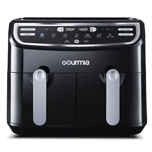 Gourmia 9-Quart Dual Basket Digital Air Fryer, with 7 Functions, Smart Finish and Match Cook,Black/Silver