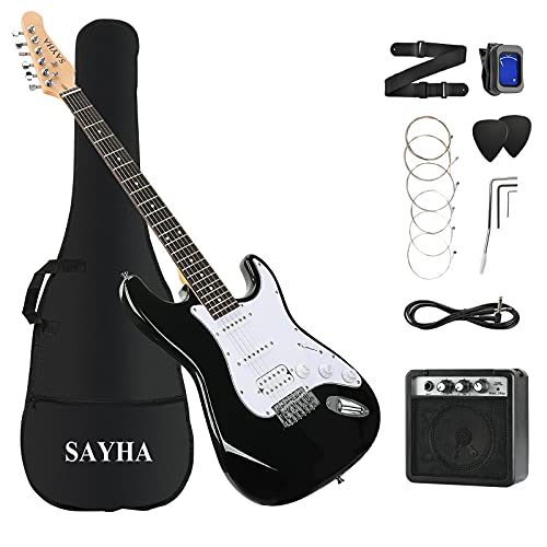 SAYHA Electric Guitar, 39 Inch Solid Full-size Electric Guitar HSS Pickups Starter Kit Includes Amplifier, Bag, Digital Tuner, Strap, String, Cable, Picks（Black）