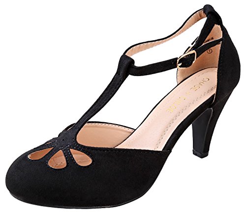 Chase & Chloe New Kimmy-36 Women's Teardrop Cut Out T-Strap Mid Heel Dress Pumps (Black Nubuck, 9)