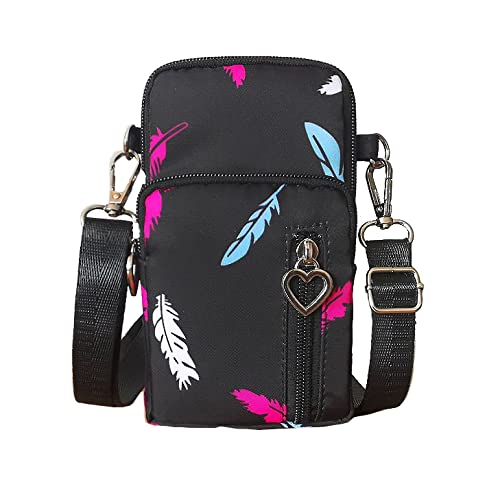 Pxinhui TM Womens Crossbody Phone Bag Purse Pouch Wristlet Wallet Case w Card Zip Pocket Black Feather