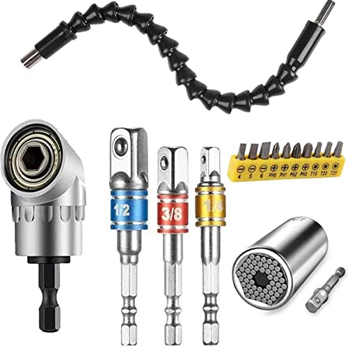 Flexible Drill Bit Extension and Universal Socket Wrench Tool Set, 105° Right Angle Drill Attachment, 1/4 3/8 1/2' Universal Socket Adapter Set, Screwdriver Bit Kit