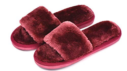 Crazy Lady Women's Fuzzy Fluffy House Slippers Cozy Cute Open Toe Memory Foam Breathable Indoor Outdoor Anti-slip Sandals(02Wine38)