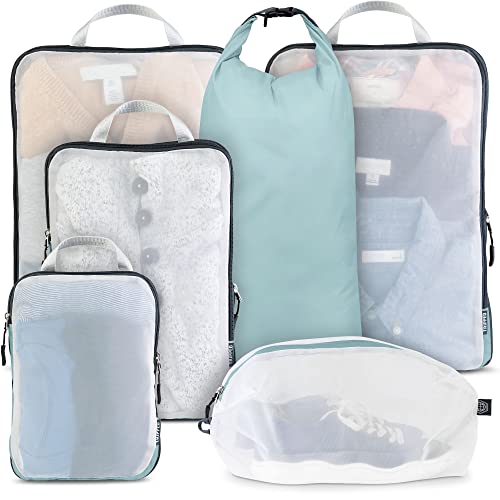 Large Packing Cube Set with See Through Mesh- Compression Packing Cubes Travel Organizers (Dusty Teal)