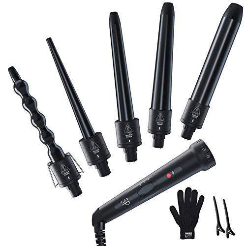 5 in 1 Curling Iron Wand Set: Ohuhu Curling Wand 5Pcs 0.35 to 1.25 Inch Interchangeable Ceramic Barrel with Heat Protective Glove 2 Clips Dual Voltage Hair Curler for Girls Women Christmas Gift Black