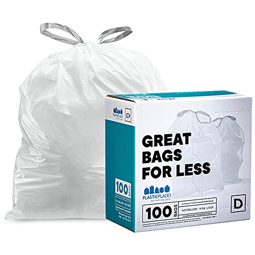 Plasticplace Custom Fit Trash Bags │ simplehuman (x) Code D Compatible (100 Count) │ White Drawstring Garbage Liners 5.3 Gallon / 20 Liter │ 15.75' x 28'