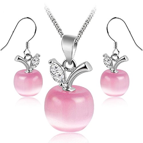 Crystalline Azuria Apples Set Pink Simulated Cat Eye Stone Crystals Pendant Necklace 18 inches Earrings 18K White Gold Plated for Women