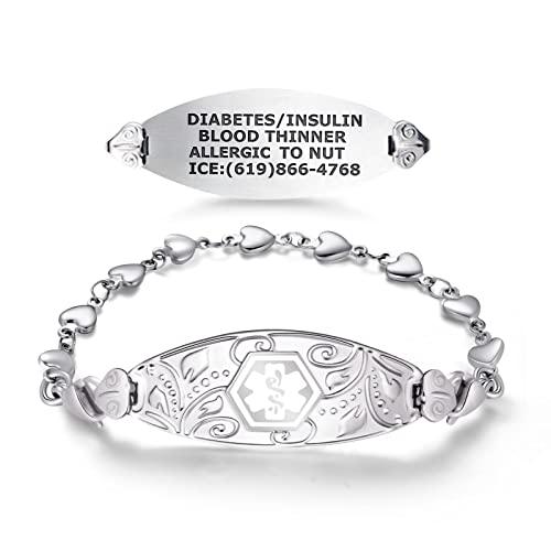 Divoti Custom Engraved Medical Alert Bracelets for Women, Stainless Steel Medical Bracelet, Medical ID Bracelet w/Free Engraving – Lovely Filigree Tag w/Heart Link -White-7.0'