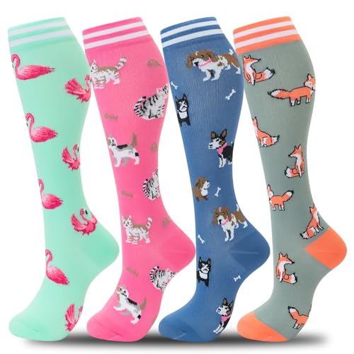 fenglaoda Compression Socks Women Men 20-30 mmHg 4 Pairs,Knee High Best Support Socks for Running, Sports,Travel, Flight, Nurse, Pregnancy