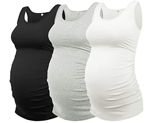 AMPOSH Women's Maternity Tank Top 3 Pack Ruched Side Sleeveless Pregnancy Basic Shirt(Black/Gray/White, M)