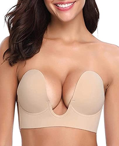 Bontierie Women's Push Up Plunge Adhesive Bra Reusable Deep U-Shaped Sticky Bra Strapless Backless Breast Lifting Bra Beige