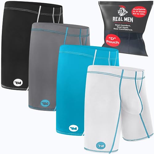 Real Men 9in Nylon Boxer Briefs D Pouch Lrg 4pk Blk/Cyn/Gry/Wht Mens Boxer Briefs With Pouch For Balls Mens Athletic Underwear Mens Pouch Boxer Briefs Mens Compression Underwear Long Underwear Mens