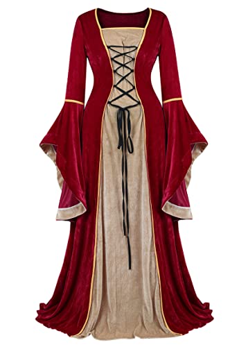 Parlsdy Renaissance Costume Women Velvet Irish Dress Medieval Witch Costumes Victorian Faire Costumes Wine Red-XS